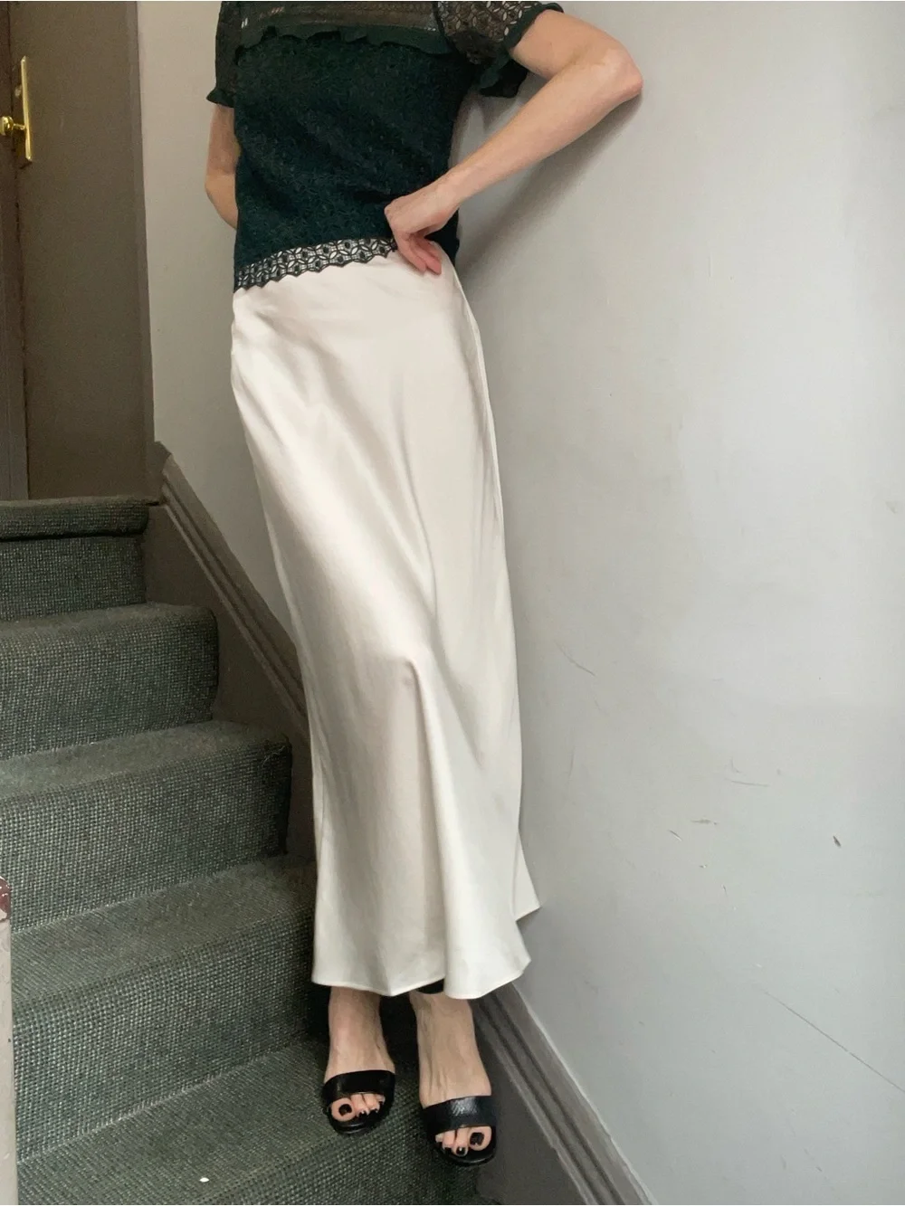+Video New. Cream Satin Maxi Slip Skirt